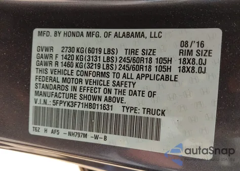 2017 Honda Ridgeline Rtl-E from USA, damaged, VIN 5FPYK3F71HB011631